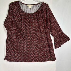 Michael Kors Scoop Neck Black and Red Heart Top Flounce Sleeve Womens Medium